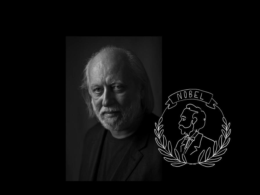 Portræt af Krasznahorkai László og grafik af nobelprisen